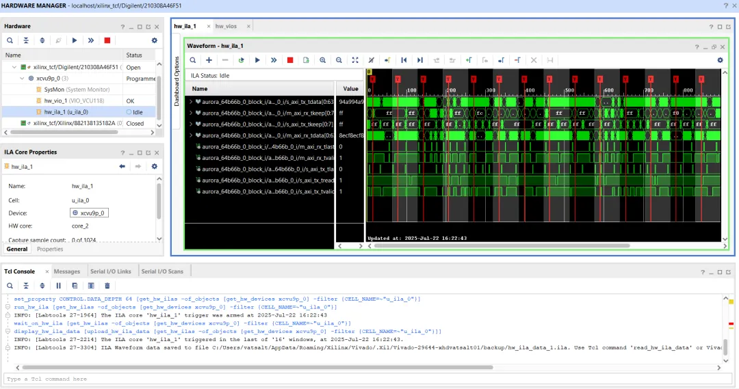 图 13：VCU118 的 Aurora 64B 66B HW-ILA 波形.png