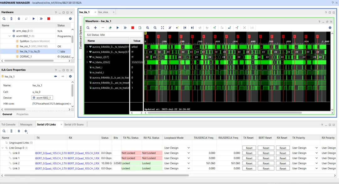 图 15：VMK180 的 Aurora 64B 66B HW-ILA 波形.png