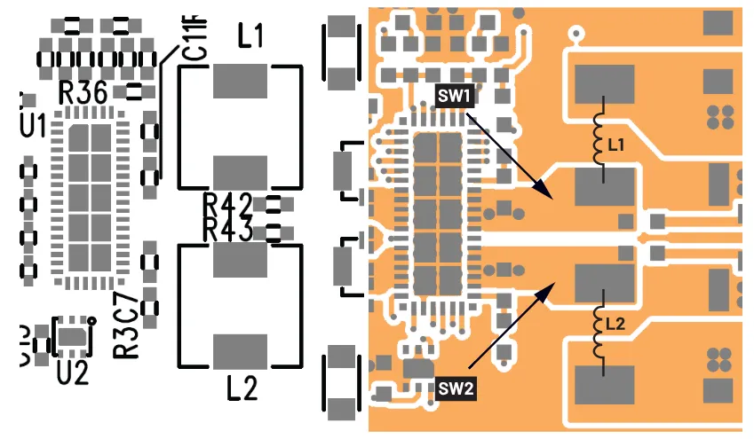 图1. 第一版电路板布局：通道1和通道2电感相对而置.png